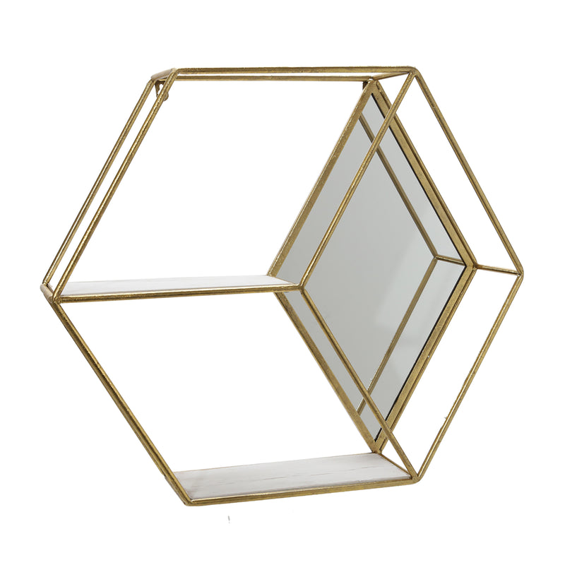 METAL/WOOD 20 HEXAGON MIRRORED WALL SHELF, GOLD