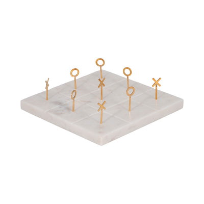 9 Marble Tic-tac-toe With Gold X & O, White/gold