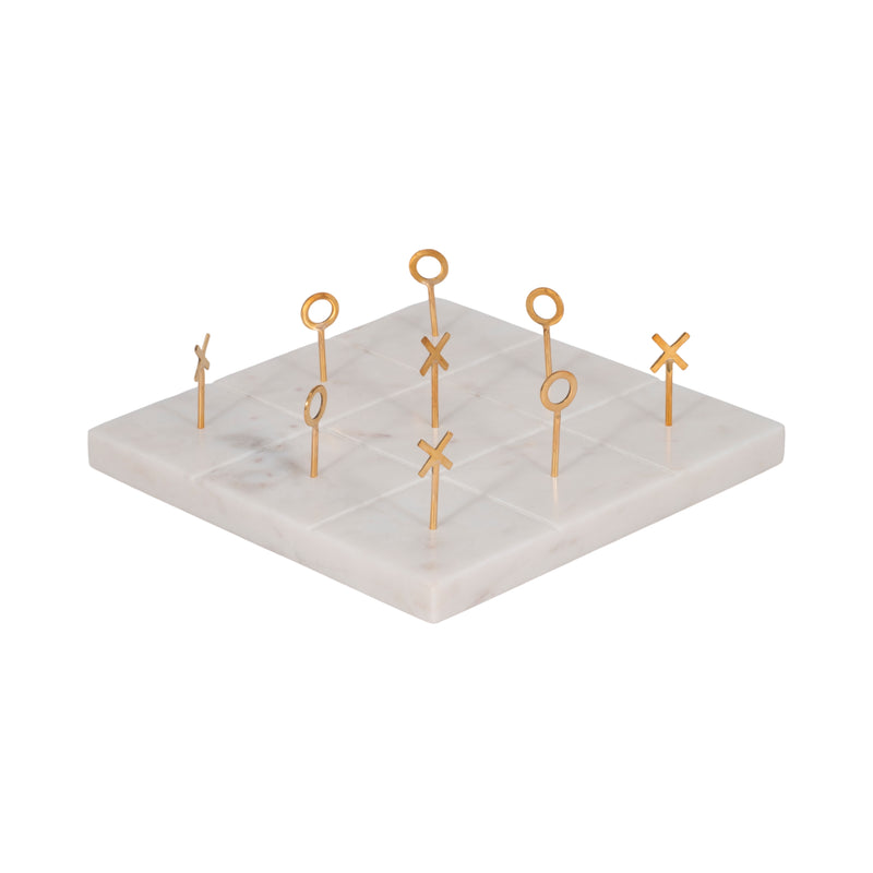 9 Marble Tic-tac-toe With Gold X & O, White/gold