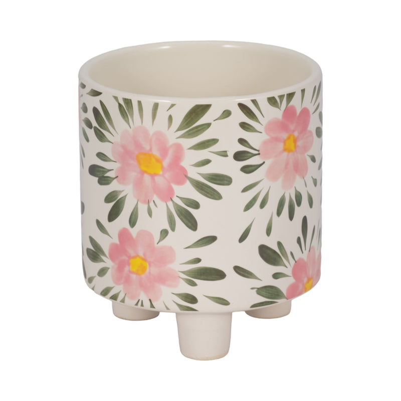 6 Footed Hand Painted Pink Flower Planter, Multi