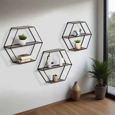 METAL/WD, S/3 21/24/26 HEX FOLDING WALL SHELF,BLK