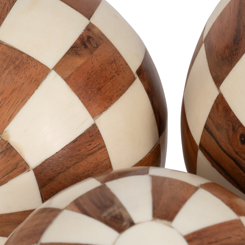 RESIN, S/3 4/5/6 CHECKERED ORBS, IVORY/NATURAL