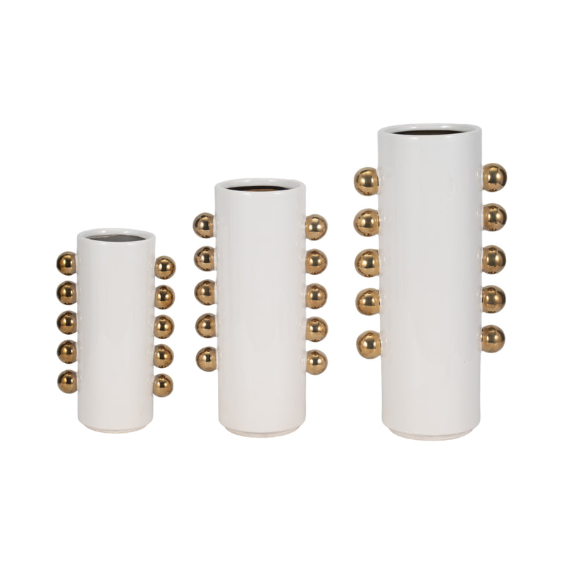 Cer, 13 Vase W/ Side Knobs, White/gold