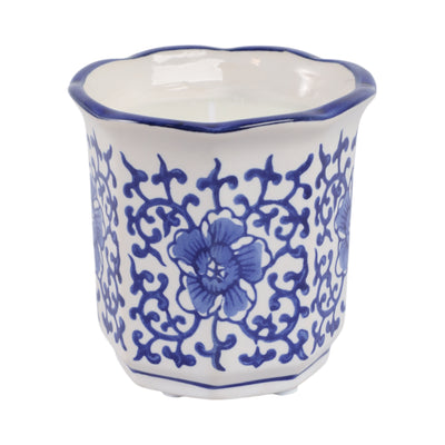 4, 6oz Fluted Chinoiserie Candle , Blue/white