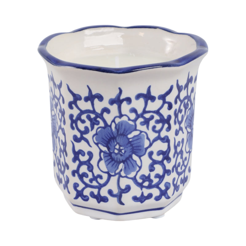 4, 6oz Fluted Chinoiserie Candle , Blue/white