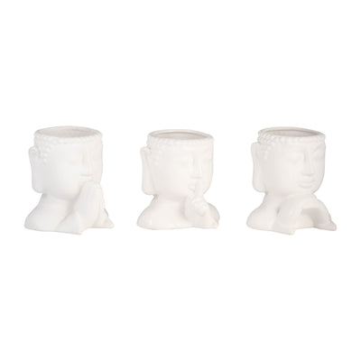 Cer, S/3 7h Buddha Head Planters, White