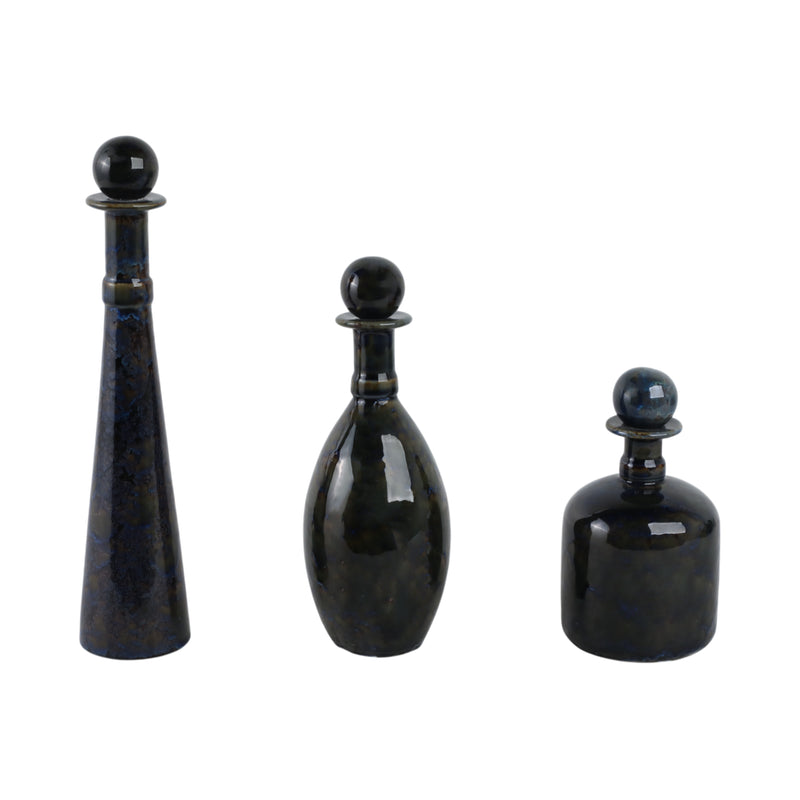 S/3 8/11/15 Olympia Blue Ceramic Bottles