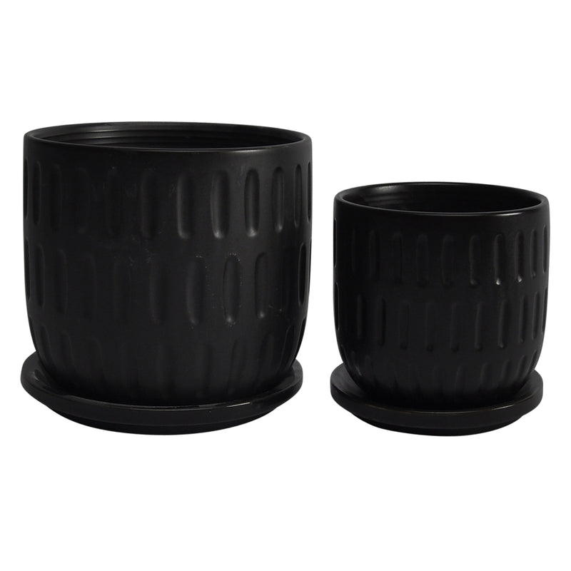 S/2 5/6 TEXTURED PLANTER W/ SAUCER,  MATTE BLACK