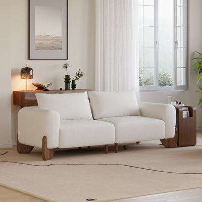 Curva White Boucle Upholstered Wood Legs 2-Seat Sofa