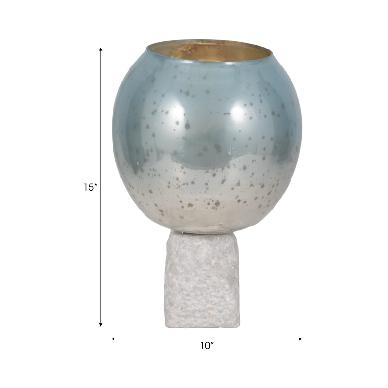 Glass, 15 Bowl Pillar Holder Marble Base, Aqua/wh