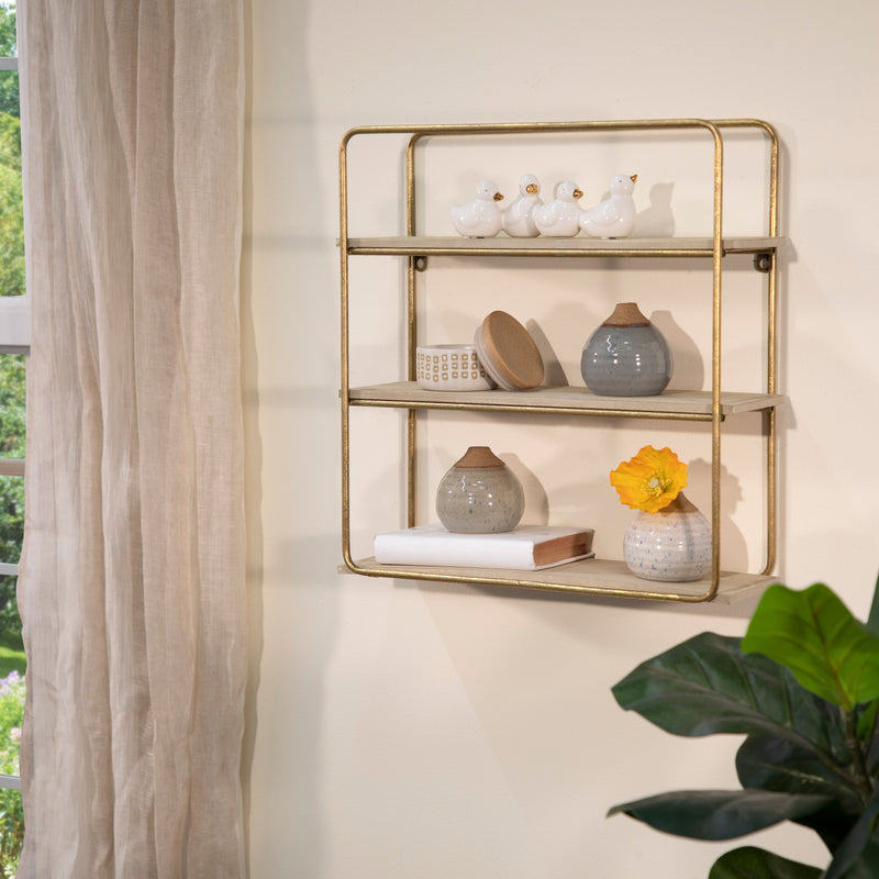 METAL / WOOD 3 TIER WALL SHELF, GOLD