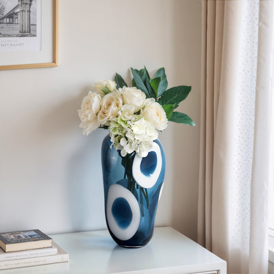 14x8 Curvy Polka Dot Glass Vase, Blue/white