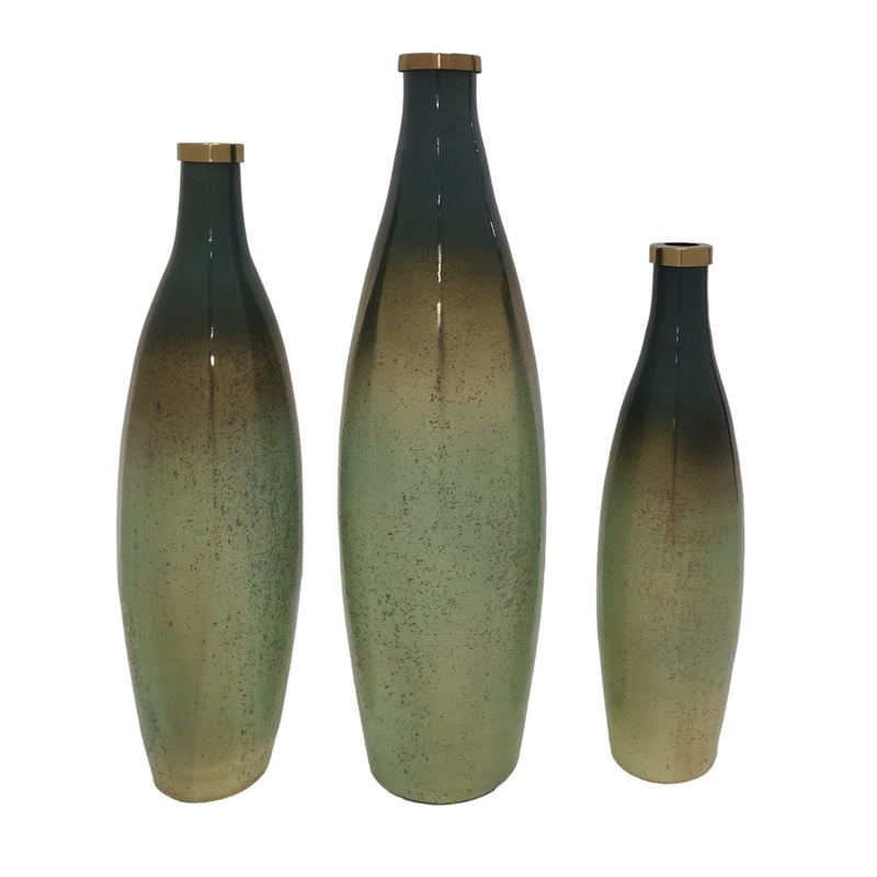 S/3 16/18/21 Windard Glass Bottles, Green