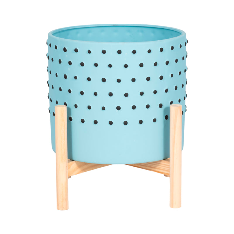 10 DOTTED PLANTER W/ WOOD STAND, BLUE