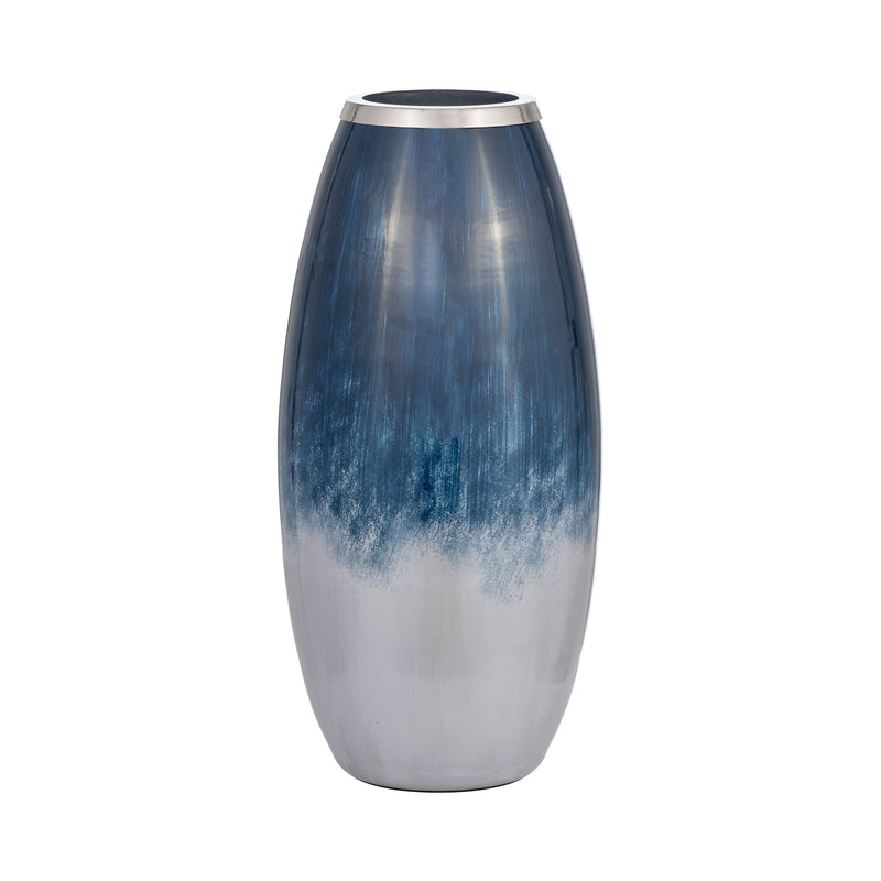 GLASS,18H VASE W/METAL RIM, BLUE/WHT OMBRE