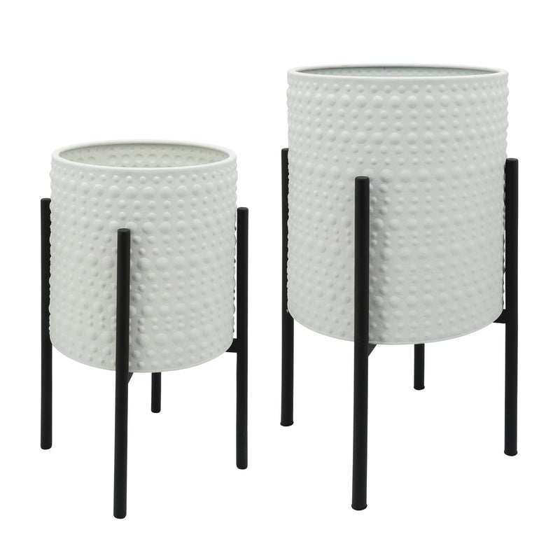 S/2 DOTTED PLANTERS IN METAL STAND, WHITE