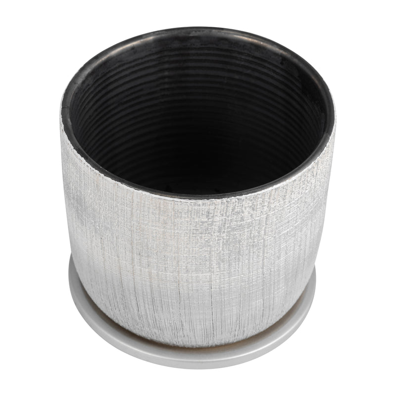 S/2 5/6 TEXTURED PLANTER WITH SAUCER, SILVER