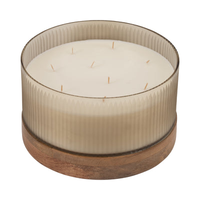 12 183 Oz Glass Candle W/ Wood Base, Ivory