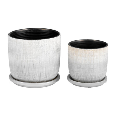 S/2 5/6 TEXTURED PLANTER WITH SAUCER, SILVER