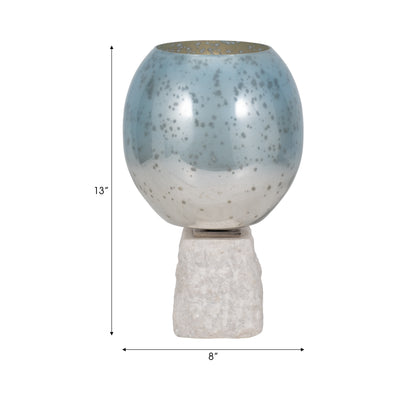 Glass, 13 Bowl Pillar Holder Marble Base, Aqua/wh