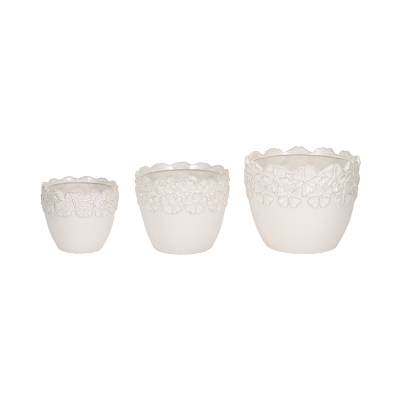 S/3 8/9/11 Floral Crown Planter, Ivory