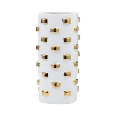 Stoneware, 15 Cylinder Vase, White/gold