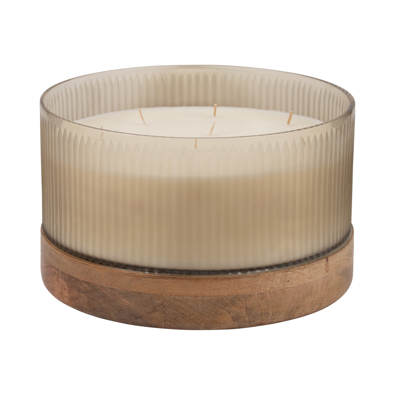 12 183 Oz Glass Candle W/ Wood Base, Ivory