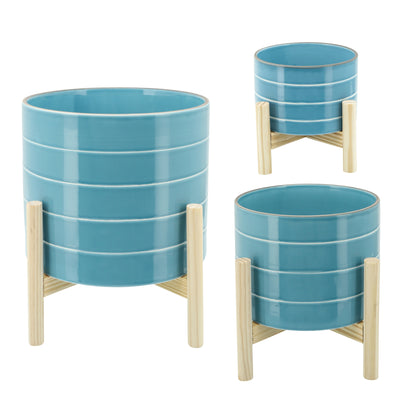 10 STRIPED PLANTER W/ WOOD STAND, SKYBLUE