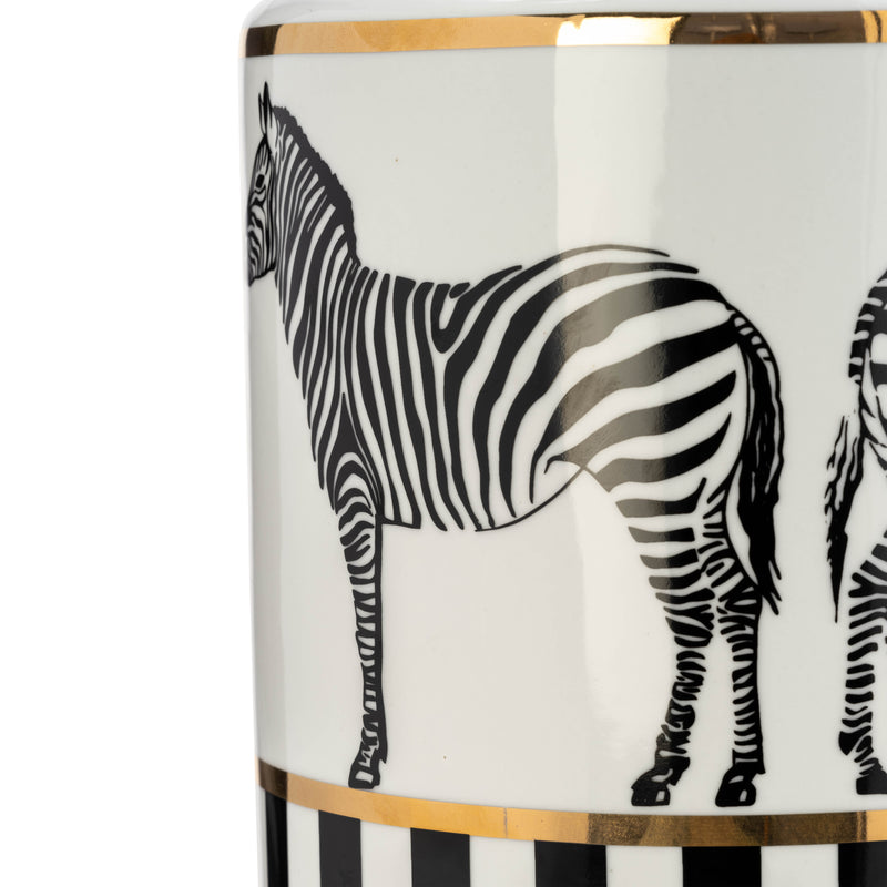 CER, 16H ZEBRA JAR W/ LID, WHITE/GOLD