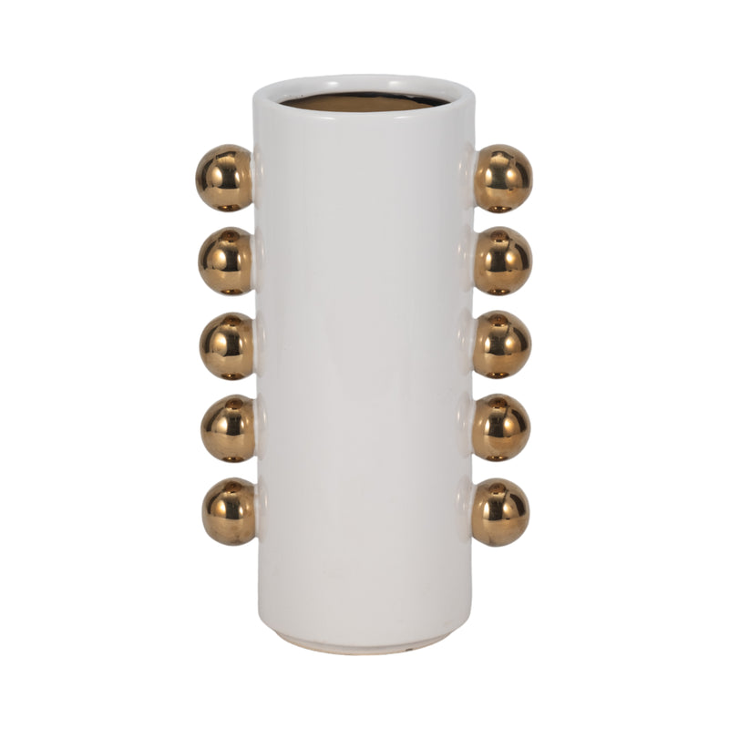 Cer, 10 Vase W/ Side Knobs, White/gold