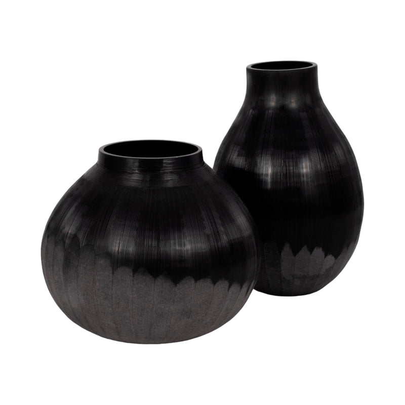 9 Etched Lines Rough Cut Bottom Vase, Black