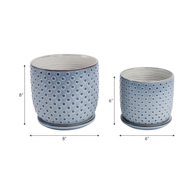 Cer, S/2 6/8 Dotted Planter W/ Saucer,  Blue