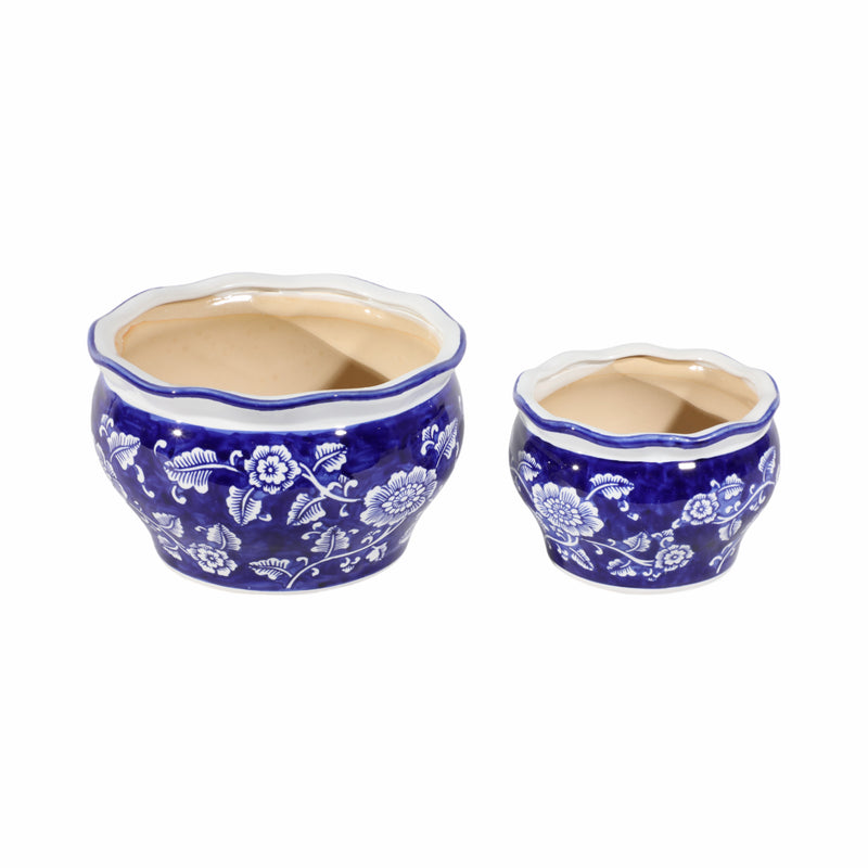 Cer, S/2 6/8 Round Chinoisere Planters, Blue/wht