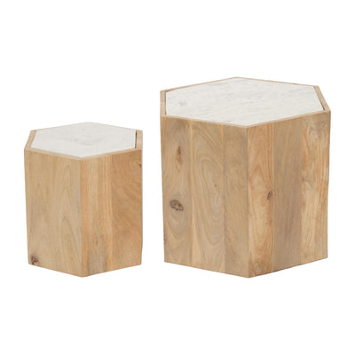 WOOD/MARBLE, S/2 14/20 HEXAGONLA SIDE TABLES, NAT