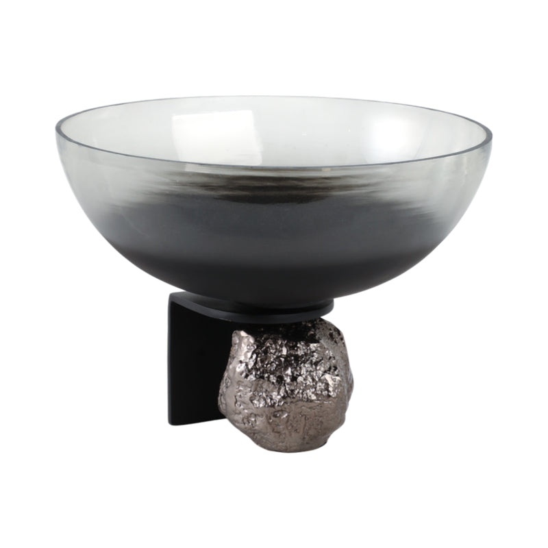 14x11 Glass Bowl On Rock Pedestal, Black/silver