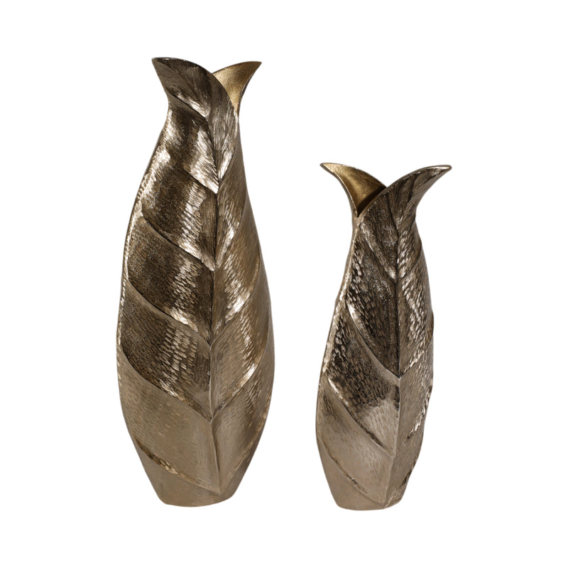 Metal, S/2 16/21 Fauna Leaf Vases, Champagne