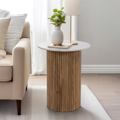 Wood/Marble, 22H Reeded, Side Table, Natural/Whit