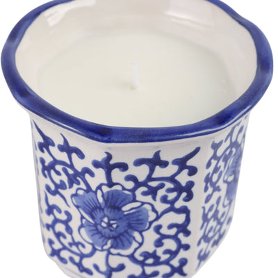 4, 6oz Fluted Chinoiserie Candle , Blue/white