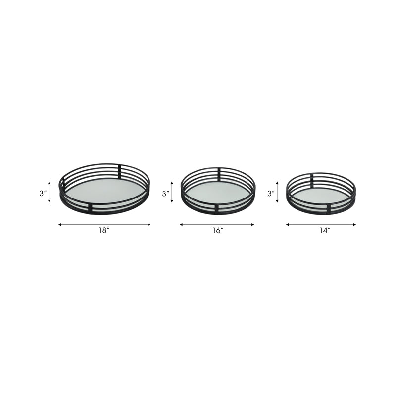 METAL, S/3 14/16/18 ROUND MIRRORED TRAYS, BLACK