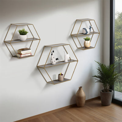 METAL/WD,S/3 21/24/26 HEX FOLDING WALL SHELF,GLD