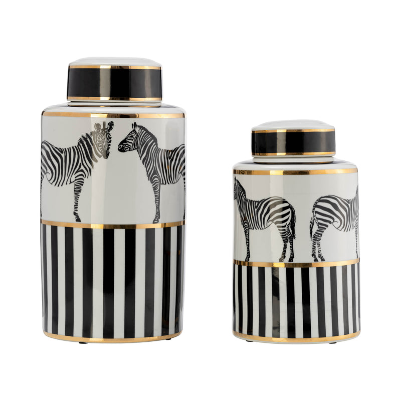 CER, 12H ZEBRA JAR W/ LID, WHITE/GOLD