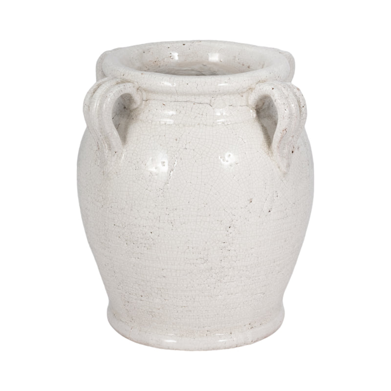 9 Terracotta Vase With Handles, White Crackle