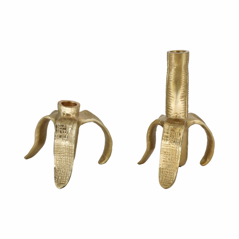 Metal, S/2 6 Banana Taper Candle Holders, Gold