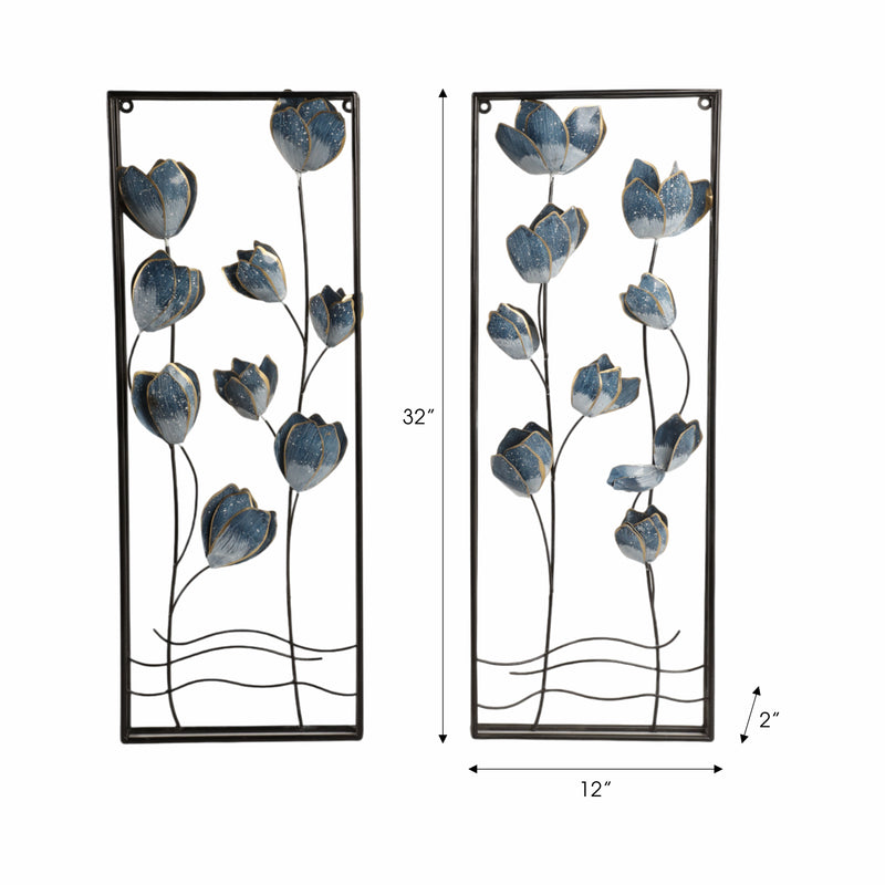 S/2 32 Blooming Flowers Metal Wall Panels, Blue/b