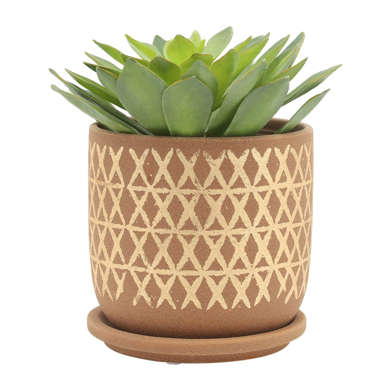 S/2 5/6 CROSS PLANTER W/ SAUCER, TAN