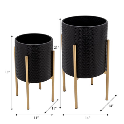 S/2 TEXTURED PLANTER ON METALSTAND, BLACK/GLD