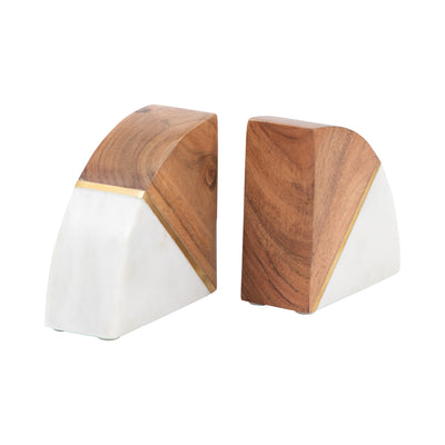 Marble, S/2 5 Bookends W/ Wood And Brass Detail,