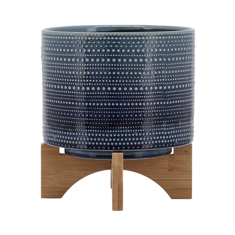 8 DOTTED PLANTER W/ WOOD STAND, BLUE