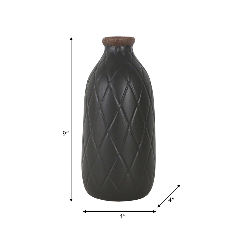 CER, 9 PLAID TEXTURED VASE, BLACK