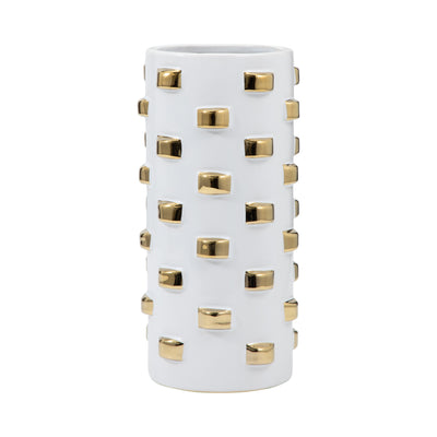 Stoneware, 15 Cylinder Vase, White/gold